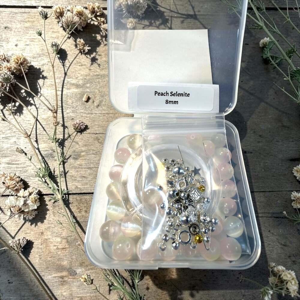 DIY Peach Selenite 8mm Bead Bracelet Making Kit with Charms and Cord